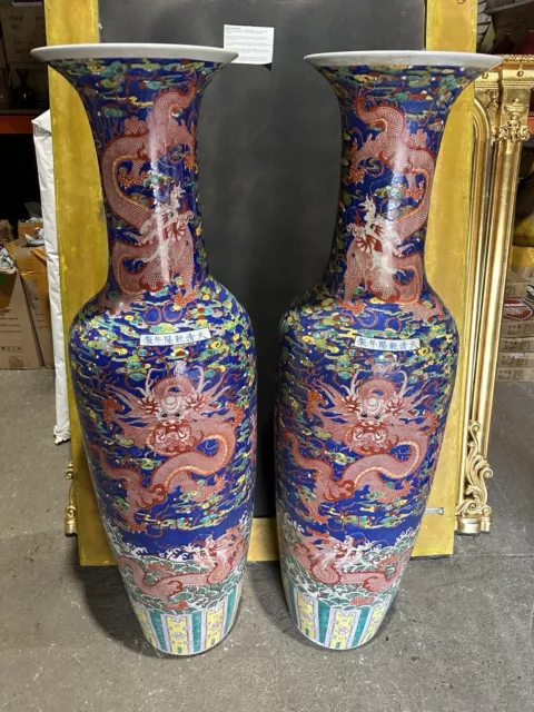 Monumental  pair Chinese porcelain Vases Blue Dragon Floor Standing 140cm