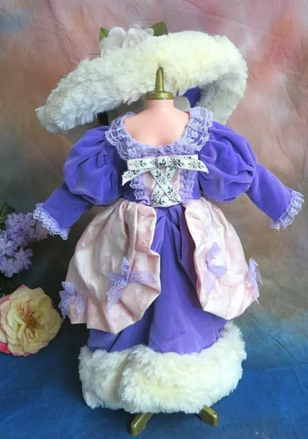 VINTAGE handmade DOLL DRESS & HAT purple VELVET faux FUR Victorian style 20-22"