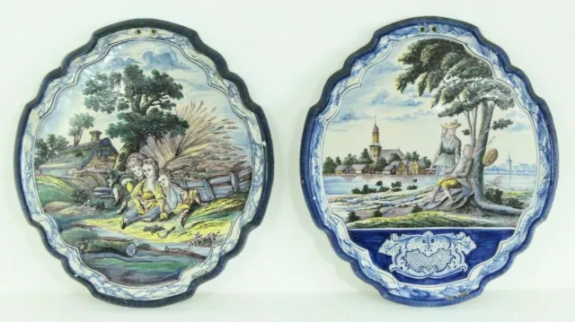 =18th c. Dutch Delft Two Polychrome Faience Plaques - Romantic Scene & Children