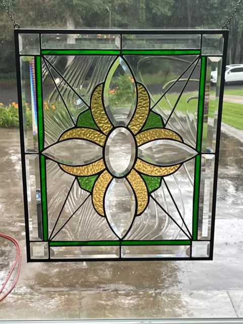 Beautiful Clear, Green , Amber  Beveled Stained glass Window Panel!