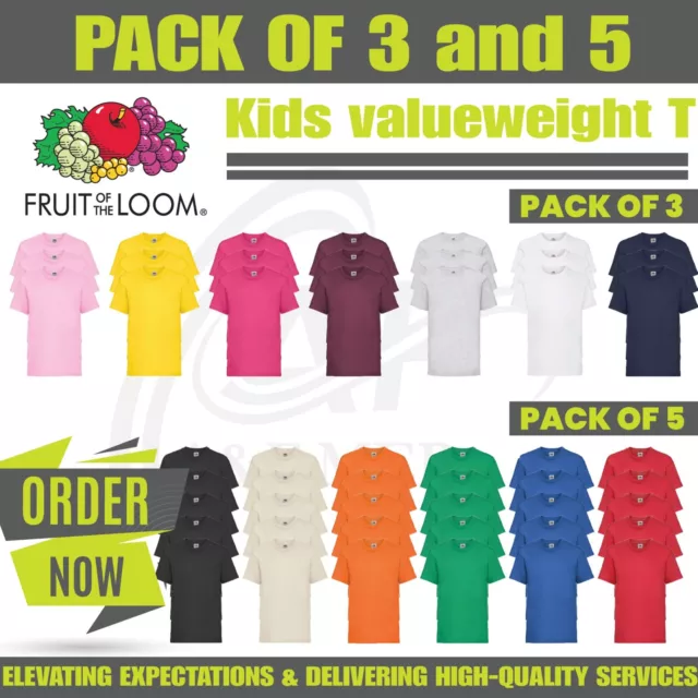 Pack 5 & 3 Fruit Of The Loom Kids Valueweight T-shirt Plain Top Childrens SS031