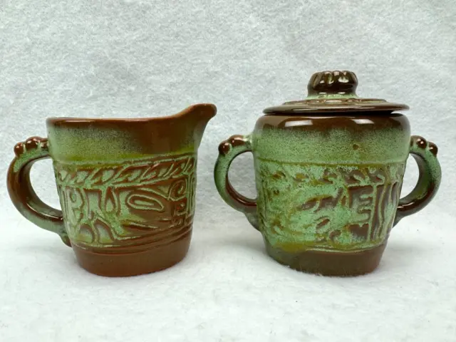 Frankoma Pottery Mayan Aztec Prairie Green Creamer 7A & Sugar Bowl w/ Lid 7B