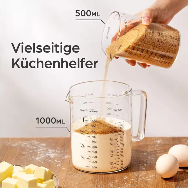 Messbecher Set Glas 500/1000ml Mess Behälter Kanne Maß Küchen Krug Mini 1L 0,5L 2