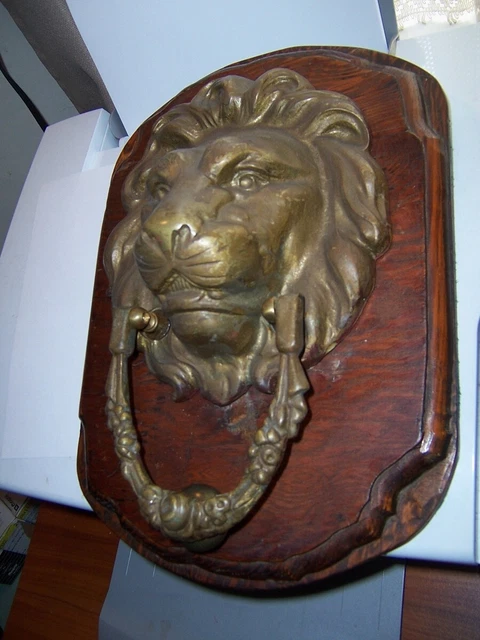antique large  Lion Head Cast Brass Bronze  Door Knocker mounted on plaque