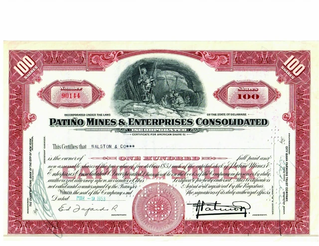 コレクション Patino Mines & Enterprises Consolidated Patiño Mines & Enterprise Consolidated stock certificate 1950's