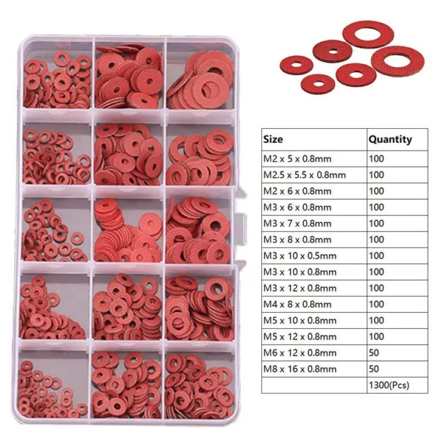 1300Pcs Spiral Fiber Washer Durable Flat Red Steel Paper Plain Gasket Ring Meson