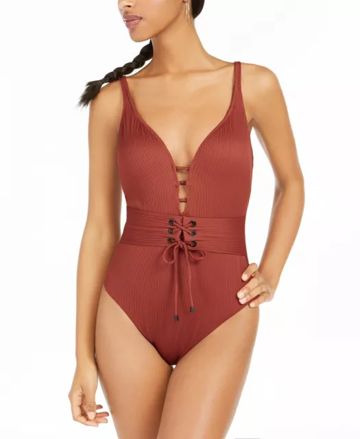 Bar III Womens Ribbed Grommet Lace-Up One-Piece Swimsuit Size Large NWT