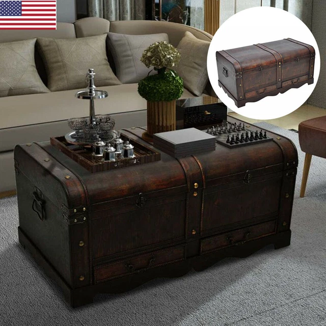 VINTAGE LARGE WOOD Treasure Chest Blanket Trunk Storage Box Coffee