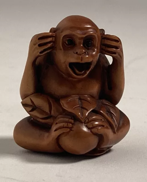 Vintage Antique Japanese Netsuke Monkey Hand Carved Boxwood -Fine Detail -C