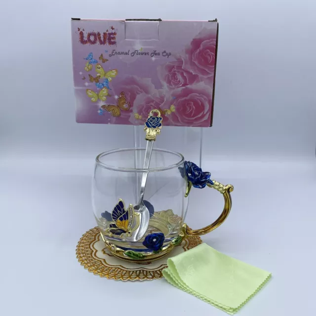 Tea Cup Enamel Glass Coffee Mugs Butterfly Flower Tea Mug with Spoon Set NEW