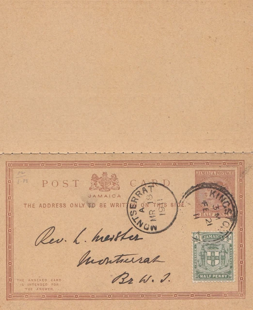 Jamaica 1911 Post Porto Card To Montserrat