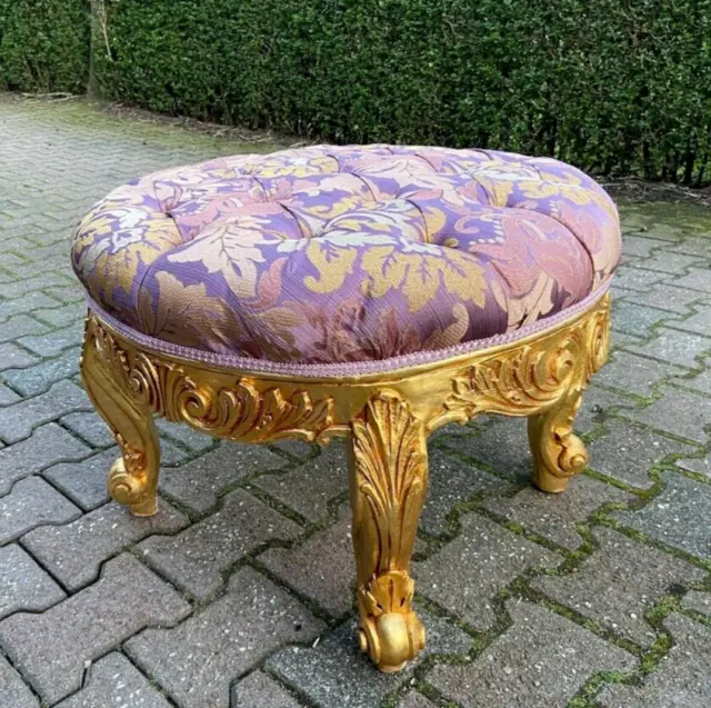 Gilded Elegance: French Louis XVI Bed Bench with Purple Damask Upholstery