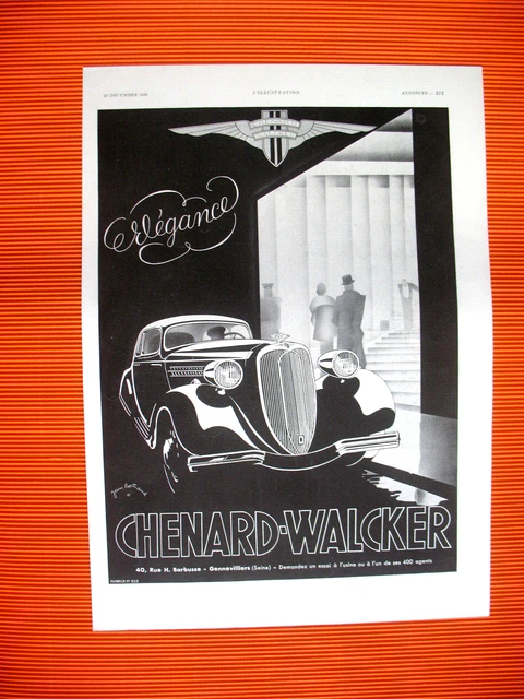 Chenard-Walcker Car Elegance Illustration Bertrand Ad 1936 Press Advertisement