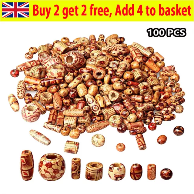 Beads, Ethnic Patterned Wood Wooden Large Hole Mixed 100 pack DIY Jewelry CraL5