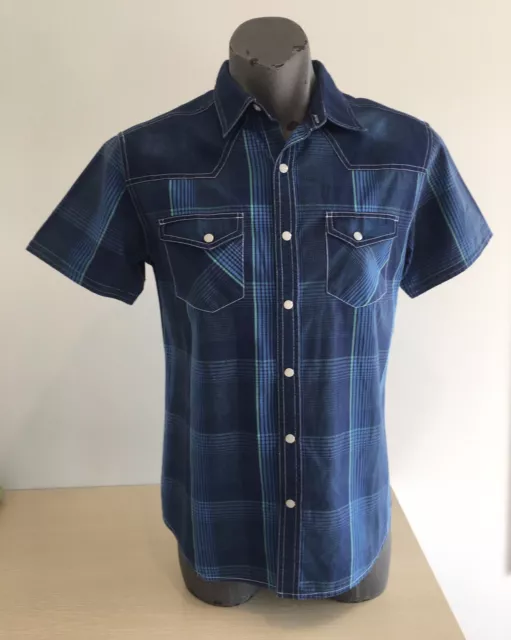 No Issue Mens Shirt Size M Blue check pearl snap short Sleeve western style EUC