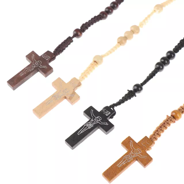 1Pc Christ Jesus Wooden Beads Rosary Bead Cross Pendant Catholic Cross Neckl-tz 2