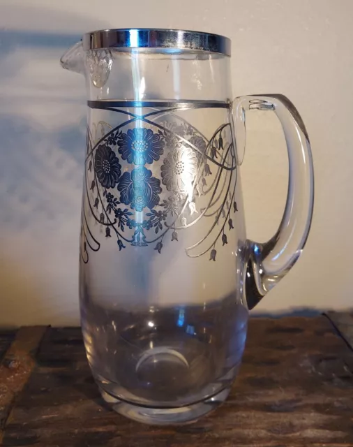 Vintage Silver Sterling Overlay on Clear Glass Floral Pitcher Ice Lip 11 1/2 Tal