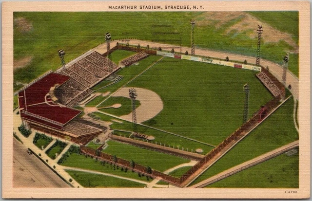 Vintage 1940s SYRACUSE New York Linen Postcard MacARTHUR STADIUM Chiefs Baseball