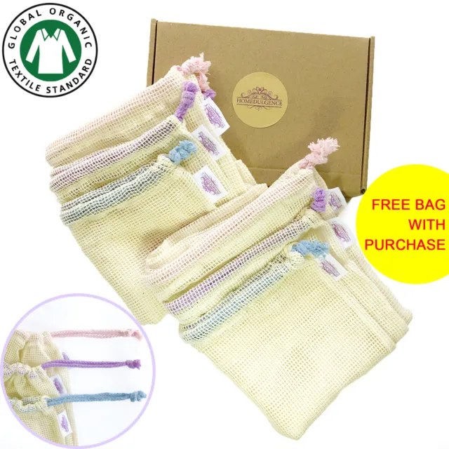 Reusable Produce Bags - GOTS Organic Cotton Mesh Bag Set Eco Zero Waste Gift Box