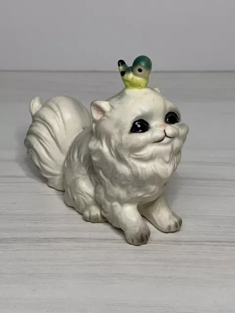 Josef Originals Japan Porcelain White Persian Cat With Bird On Head