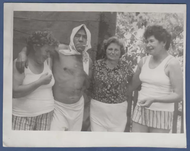 Man with cigarette hugging women, bare torso, hairy male chest Vintage Photo