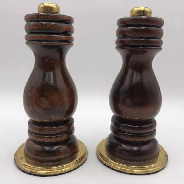 Pair Vintage MCM Wood & Brass Pillar Candle Holders Heavy Walnut Set of 2