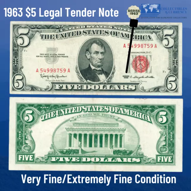 ✔ One 1963 Red Seal $5 Legal Tender Notes, VF/XF, Old US FIVE Dollars Bill 2