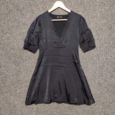 Zara Womens Dress Size S Navy Blue Polka Dot Fit & Flare Short Sleeve V-Neck
