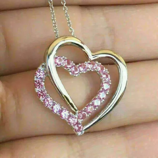 1Ct Round Cut Simulated Pink Sapphire Double Heart Pendant 14k White Gold Plated