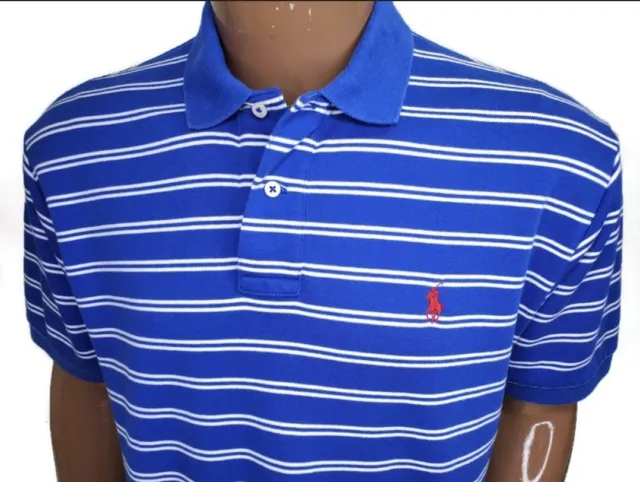 Polo by Ralph Lauren Mens Polo Shirt Blue White Striped Mesh Red Pony