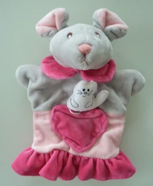 27. Doudou Marionnette Souris Ajena Gris Robe Rose Chat Blanc Coeur - Etat Neuf