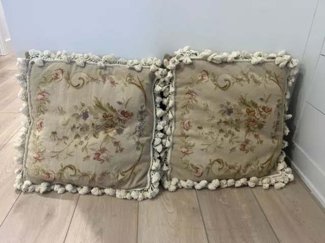 Vintage Pair Needle Point Velvet Tasseled Pillows   18x18