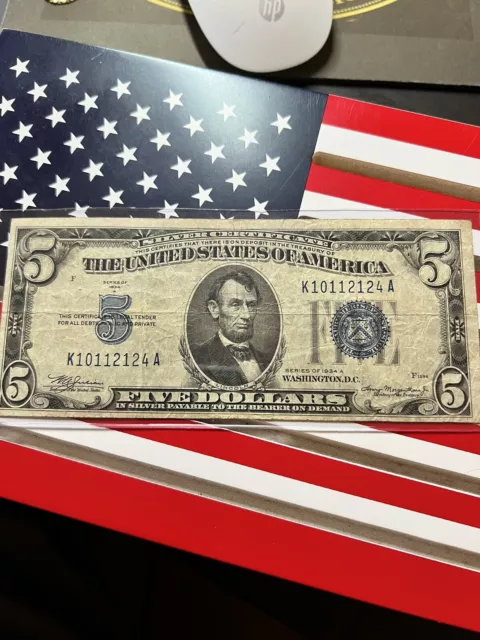 1934 A $5 Five Dollar Silver Certificate Blue Seal Nice Note K1011212A