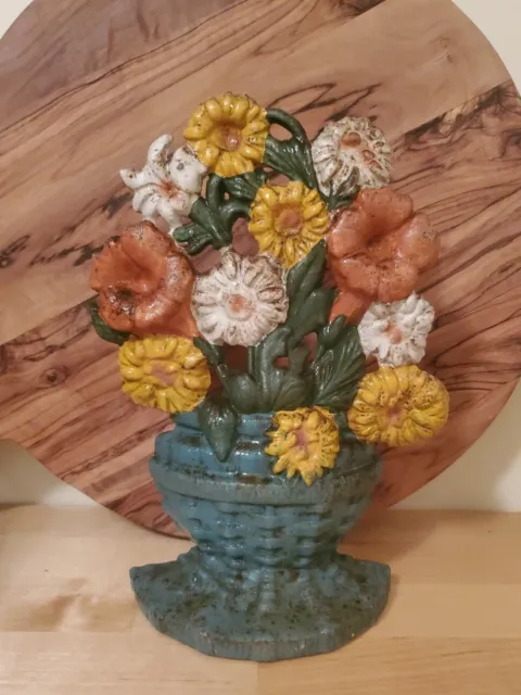Vintage Cast Iron Painted Floral Doorstop Basket Of Flowers Colorful Bouquet