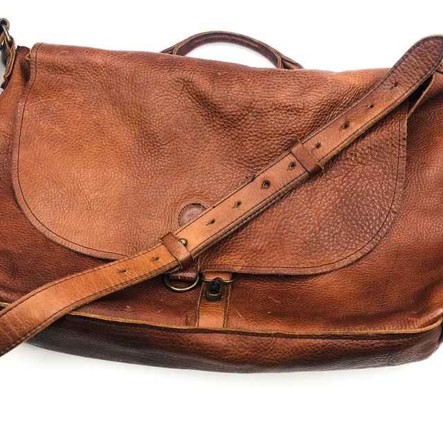 Duluth Trading Bag Large Cognac Brown Genuine Leather Travel Shoulder Bag