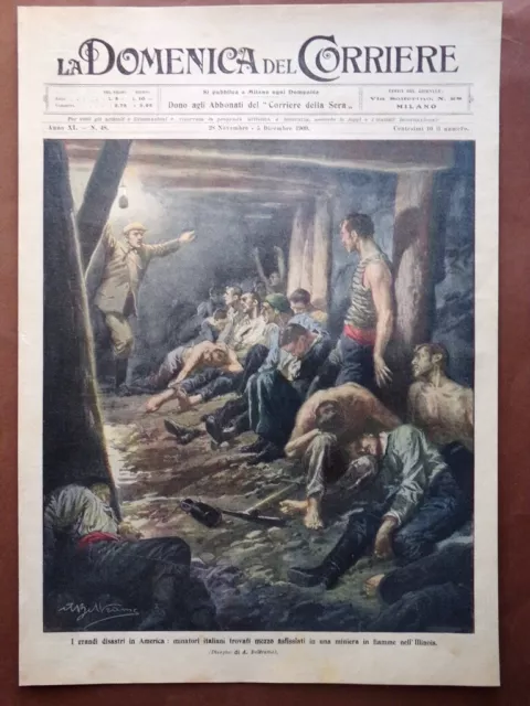 Copertina Domenica Corriere nr. 48 del 1909 Minatori Asfissiati Illinois Miniera