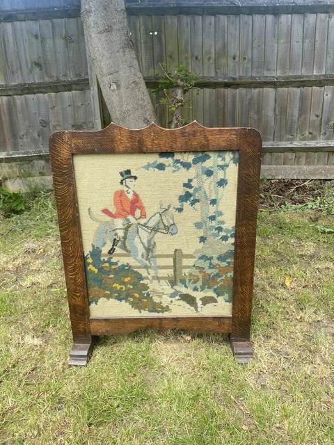 Antique Oak Fire Screen Tapestry Hunting Scene Horse Hounds