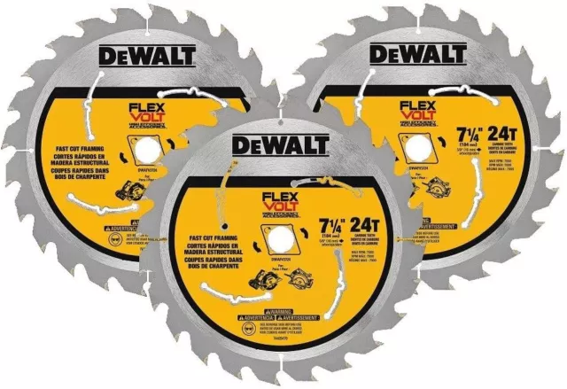 3 Brand New Dewalt DWAFV3724 Flexvolt 7-1/4" x 24 Tooth Circular Saw Blades