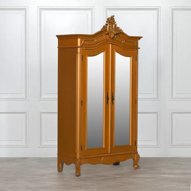 French Chateau Style Wooden  Carved Chic Gold Mirrored Double Armoire Wardrobe