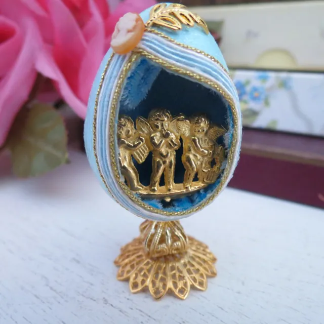 Hand crafted miniature blue egg diorama with cherubs#1