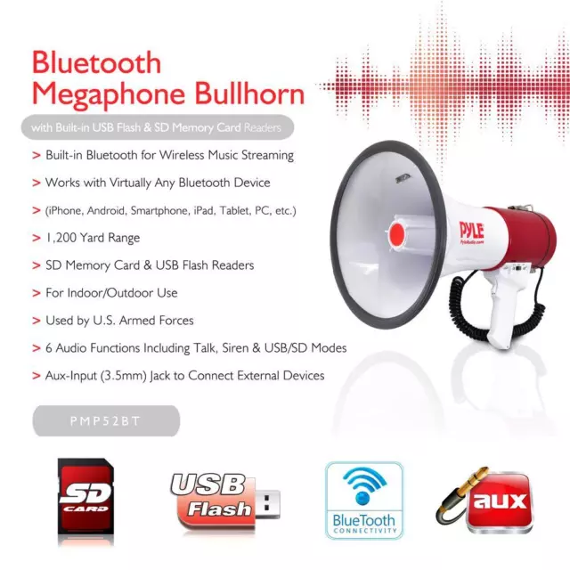 Megáfono Pyle PMP52BT Profesional SD Tarjeta Bluetooth Conector 3,5 MM Aux White