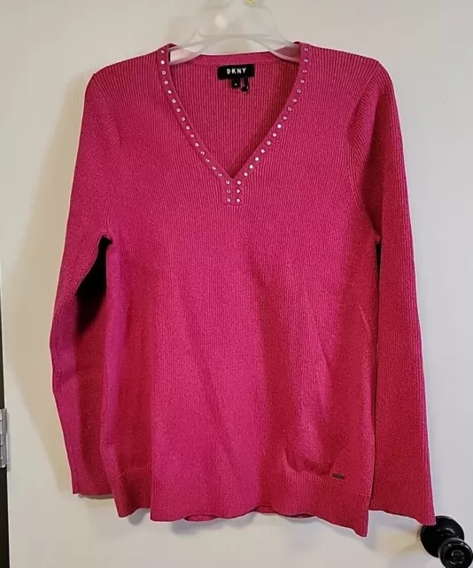 DKNY Women's Metallic-Threaded Embellished Sweater (XL, Pink)