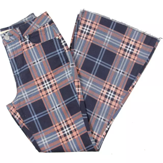 Madden Girl Womens Carly Plaid Super High Rise Raw Hem Flare Jeans BHFO 2023