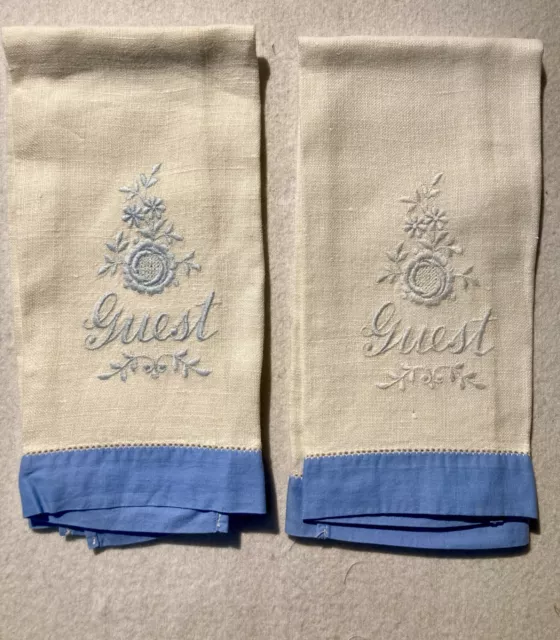 Pair Vintage Hand-Embroidered White & Blue Linen Guest Towels
