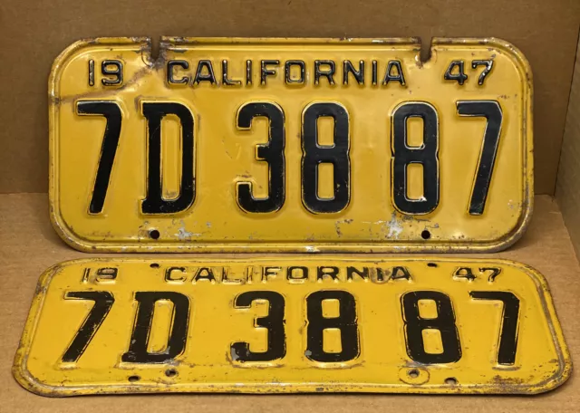 RARE PAIR ORIGINAL Steel 1947-1950 DMV CLEAR-(CALIFORNIA) 7D 38 87 LICENSE PLATE