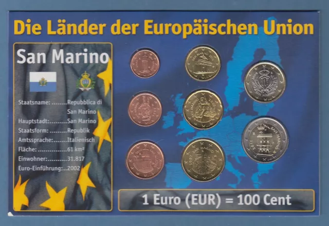 San Marino, kpl. Euro-Kursmünzensatz 1Cent - 2€uro 8 Nominale versch. Jahrgänge