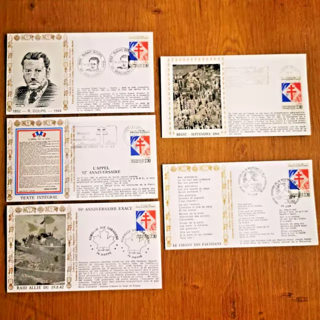 ⭐ FRANCE Lot 5 Enveloppes FDC Appel Résistance 1992 A.M.I.S. - Timbre Poste ⭐