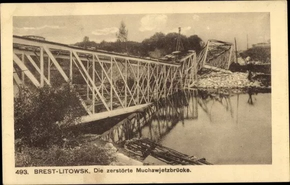 Ak Brest Litowsk Weißrussland, Zerstörte Muchawjetzbrücke - 10846749