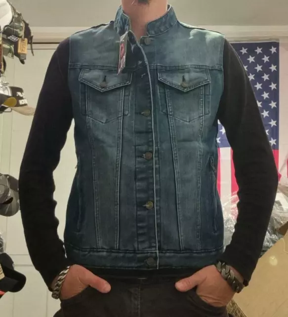 Gilet Cut jacket en jean sans manches denim couleur bleu col mao Bikers XS à 3XL