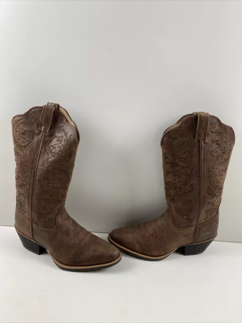 Twisted X Fancy Stitched Brown Leather Round Toe Pull On Western Boots Women 7 B